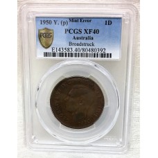 AUSTRALIA 1950Y . ONE 1 PENNY . MINT ERROR . PCGS XF40